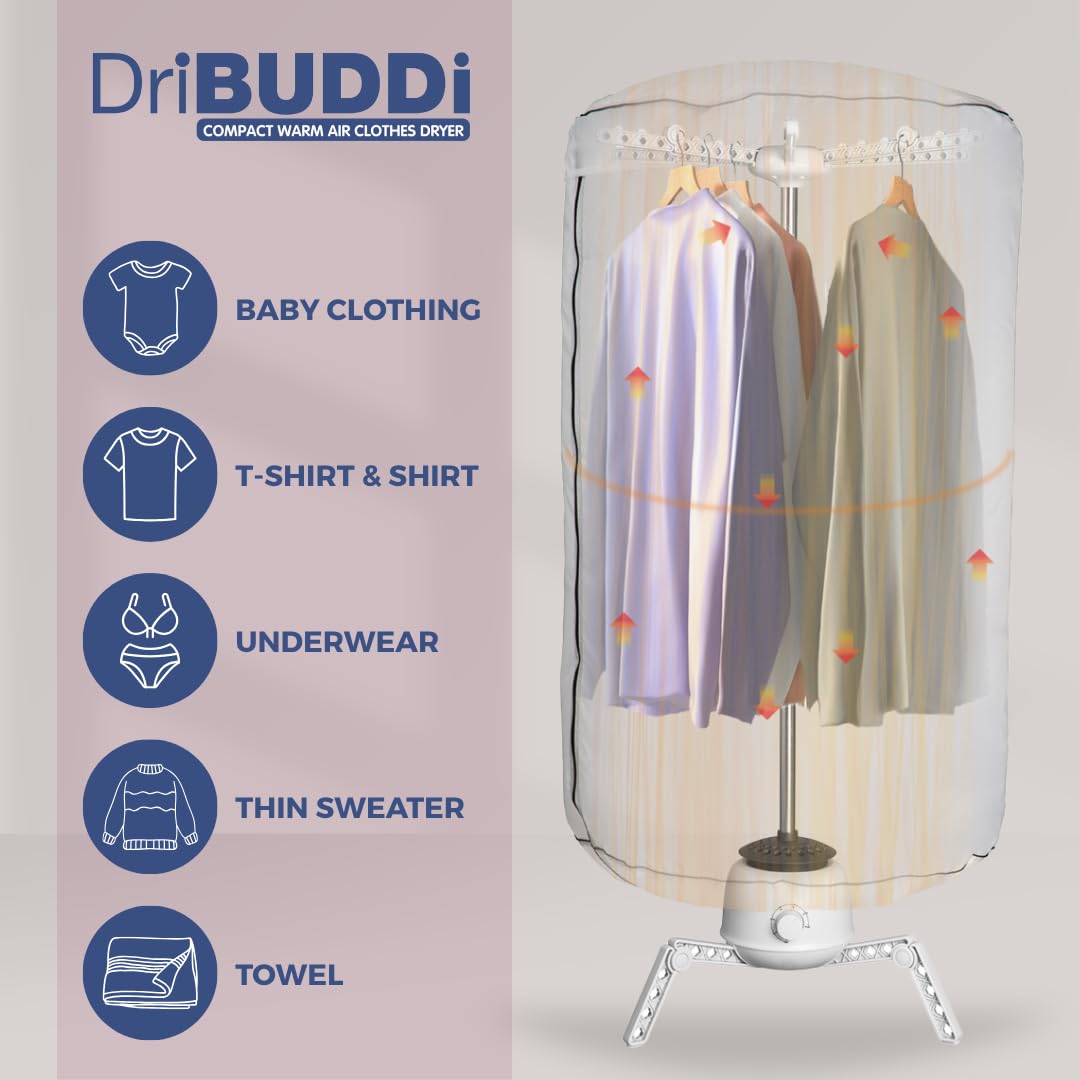 DriBUDDi Compact Elektrischer Wäschetrockner – Tragbarer 850-W-Trockner mit 10-kg-Kapazität, knitterfreie & schonende Trocknung, energiesparend, neues Design 30% effizienter