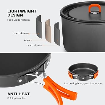 Odoland Camping Cookware Set Non-Stick Lightweight Camping Kettle Pots and Pans Mess Kit with Bowls Soup Spoon for Backpacking, Outdoor Cooking and Picnic for 4-6 People