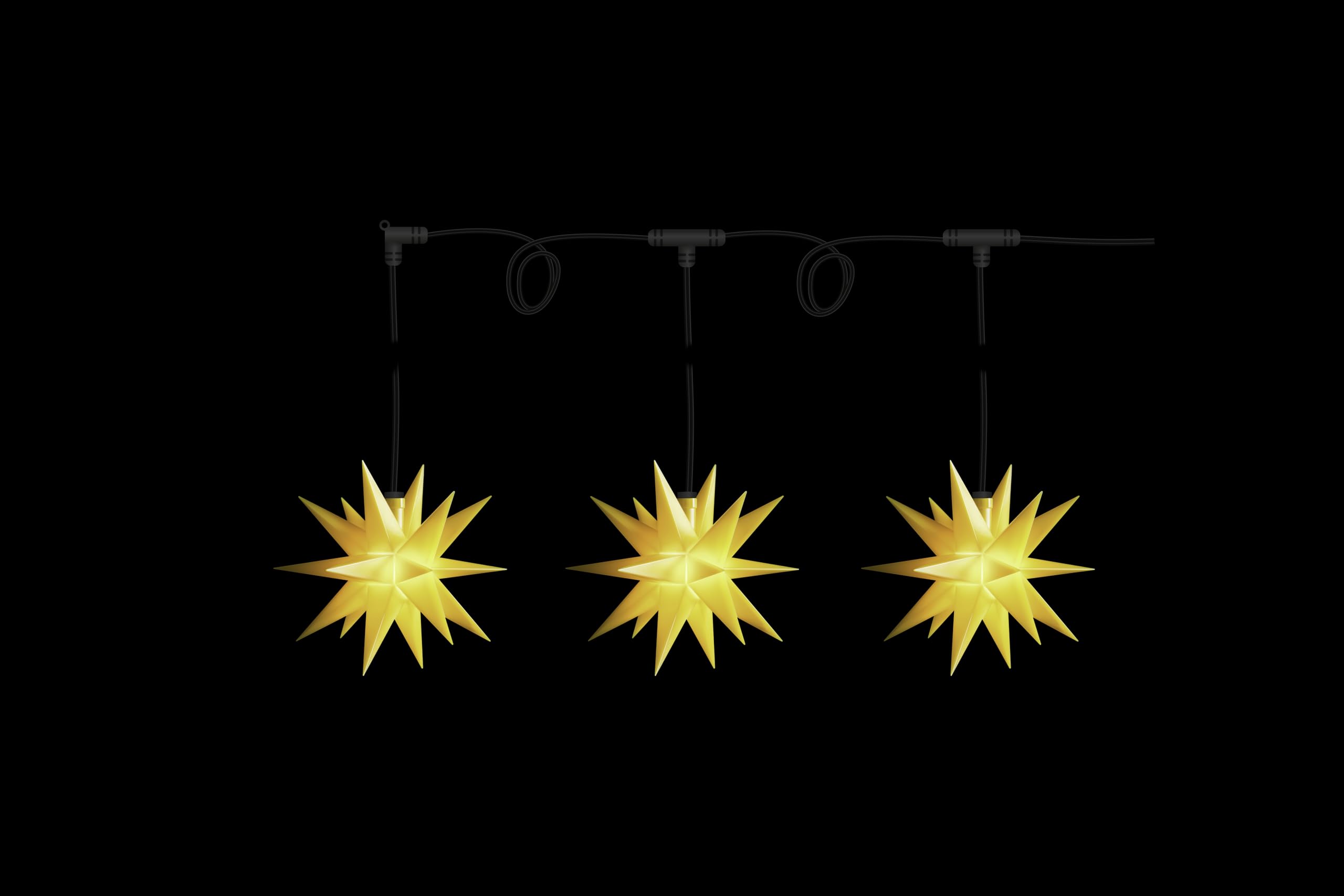 Sterntaler Sternenkette | Weihnachtsstern Kette | 3 Sterne | 18 Zacker | Gelb | 12cm | Außen | LED | Batterie | mit Timer & Fernbedienung