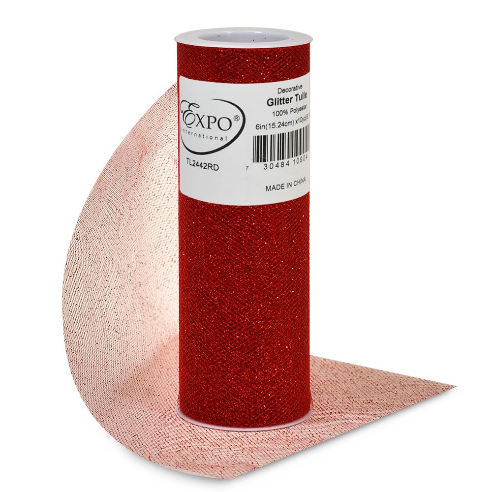 Expo International Decorative Glitter Tulle, Roll/Spool of 6 Inches X 10 Yards, Polyester-Made Tulle Fabric, Glittery Finish, Versatile, Easy-to-Use, Red