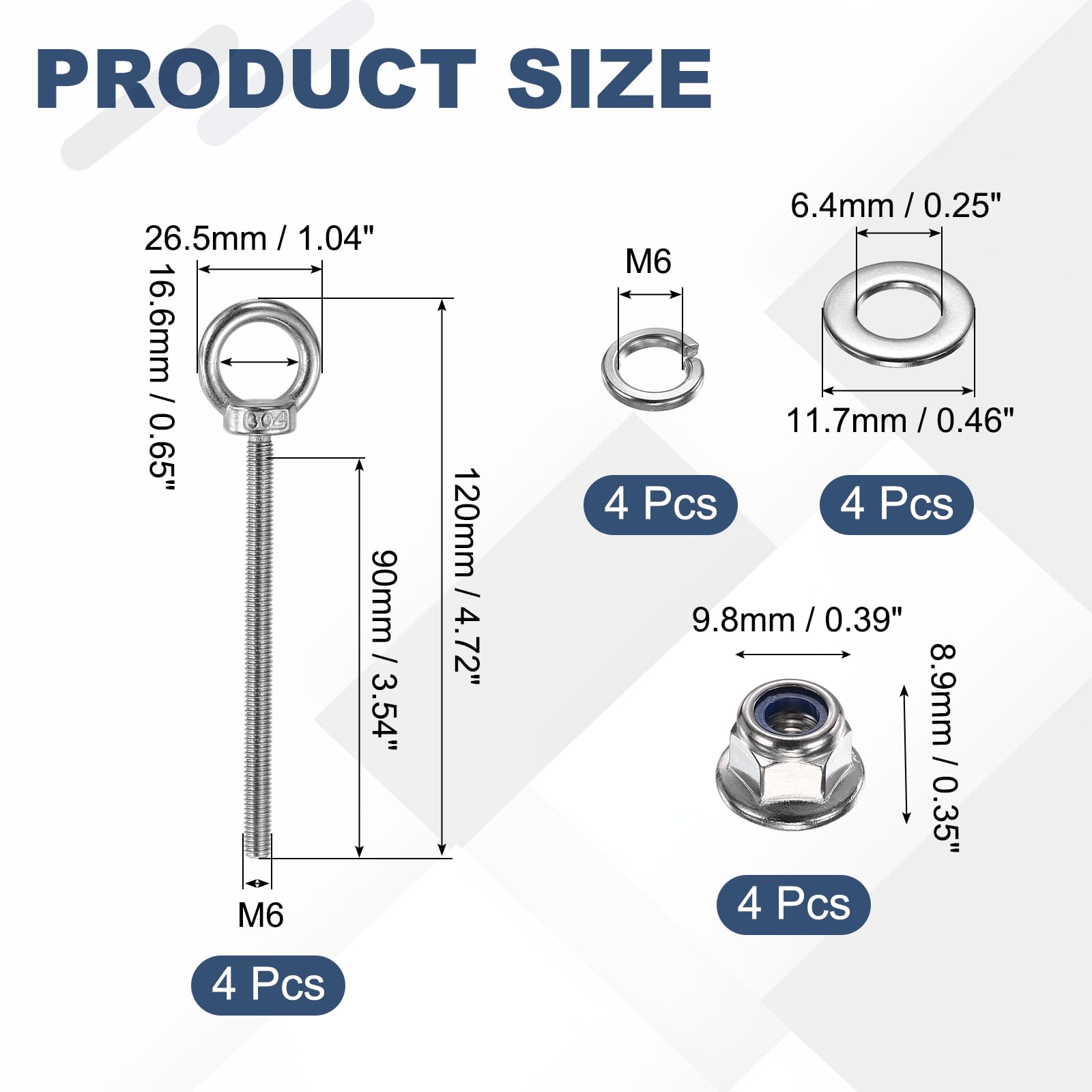 PATIKIL Perno De Ojo Con Hombro M6 X 90 Mm 4 Piezas Anillo De Elevación En Acero Inoxidable 304 Con Tuercas De Bloqueo De Brida Arandelas Planas Y De Resorte Para Correas