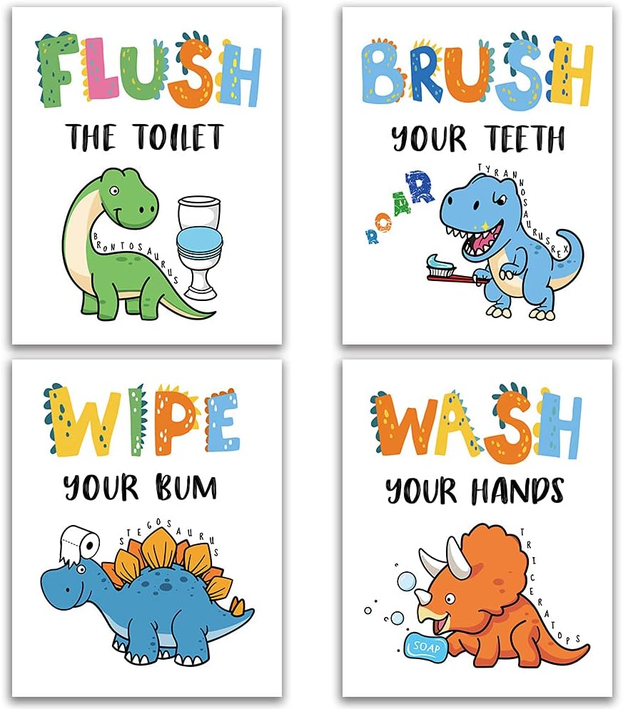 Dinosaur Bathroom Decor, Funny Dinosaur Themed Bathroom Inspirational Quotes Art Print Humorous Quotes Painting, Set of 4 (8”X10”), Unframed