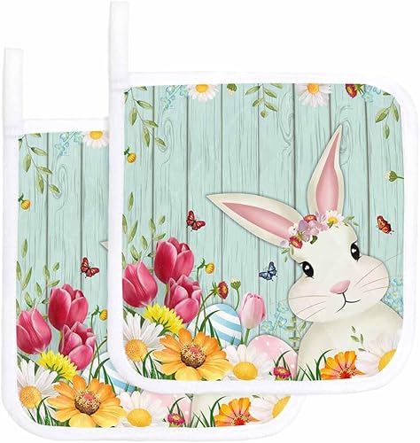 2 Packs Easter Rabbits Pot Holders Sets for Kitchen,Oven Pan Plate Bowl Pads Heat Proof Mat with Hanging Loop,Terry Cloth Potholders Soft Grip for