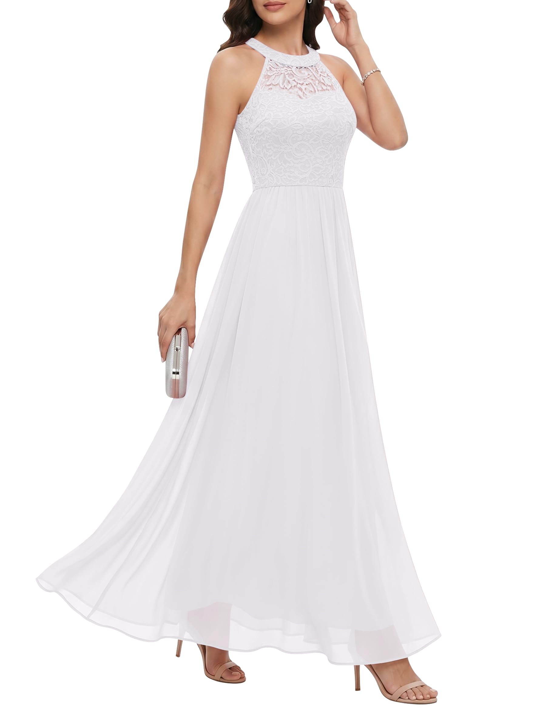 Women's Formal Dress, Halter Long Prom Dress Floral Lace Bridesmaid Dresses