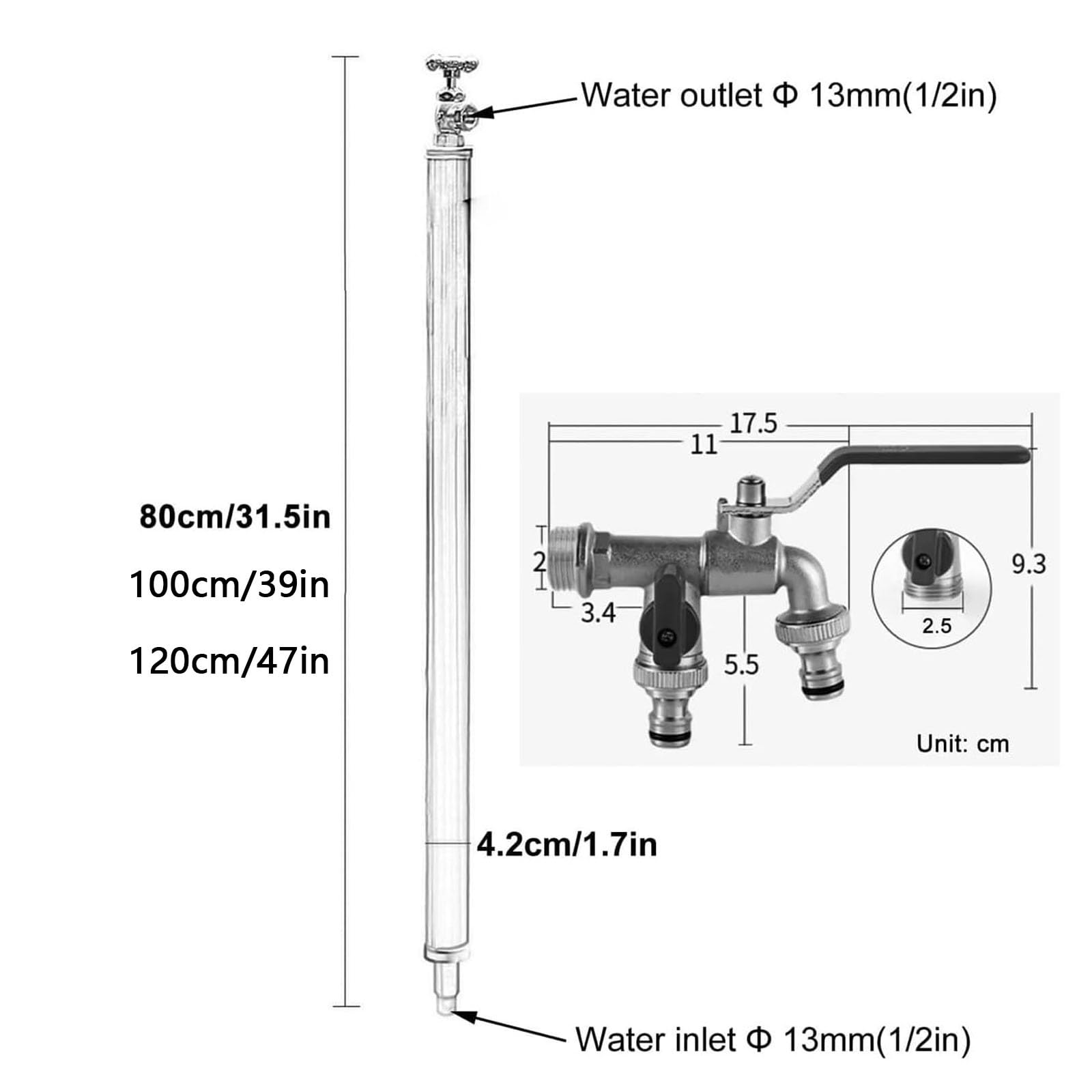 Colonne Verticale Cylindrique en Acier Inoxydable, Robinet d Jardin Résistant, Colonne d'eau de Jardin Autoportante avec Double Robinet, Borne d'eau Extérieure Antigel(80cm/31in)