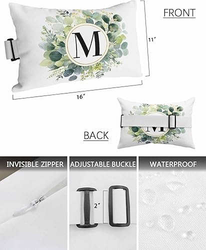 Miniatura 3 de Paquete de 2 fundas de almohada lumbares con hojas de eucalipto, monograma de letra M para exteriores, impermeables, para exteriores, fundas