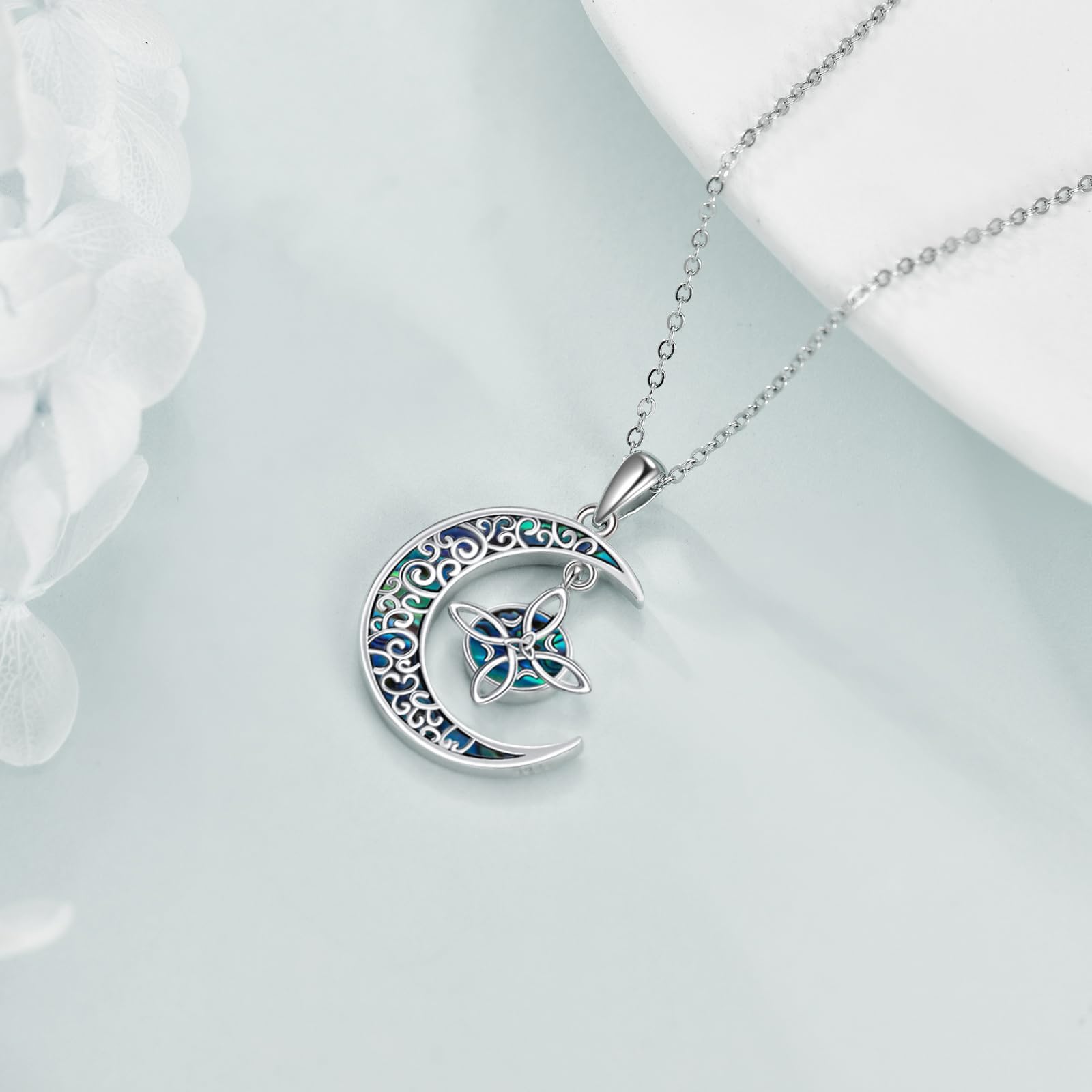 VONALA Collar con colgante de nudo de bruja de plata de ley celta, diseño de nudo de la trinidad, joyería irlandesa de filigrana, regalo para hombres y mujeres, Plata esterlina, Abulón
