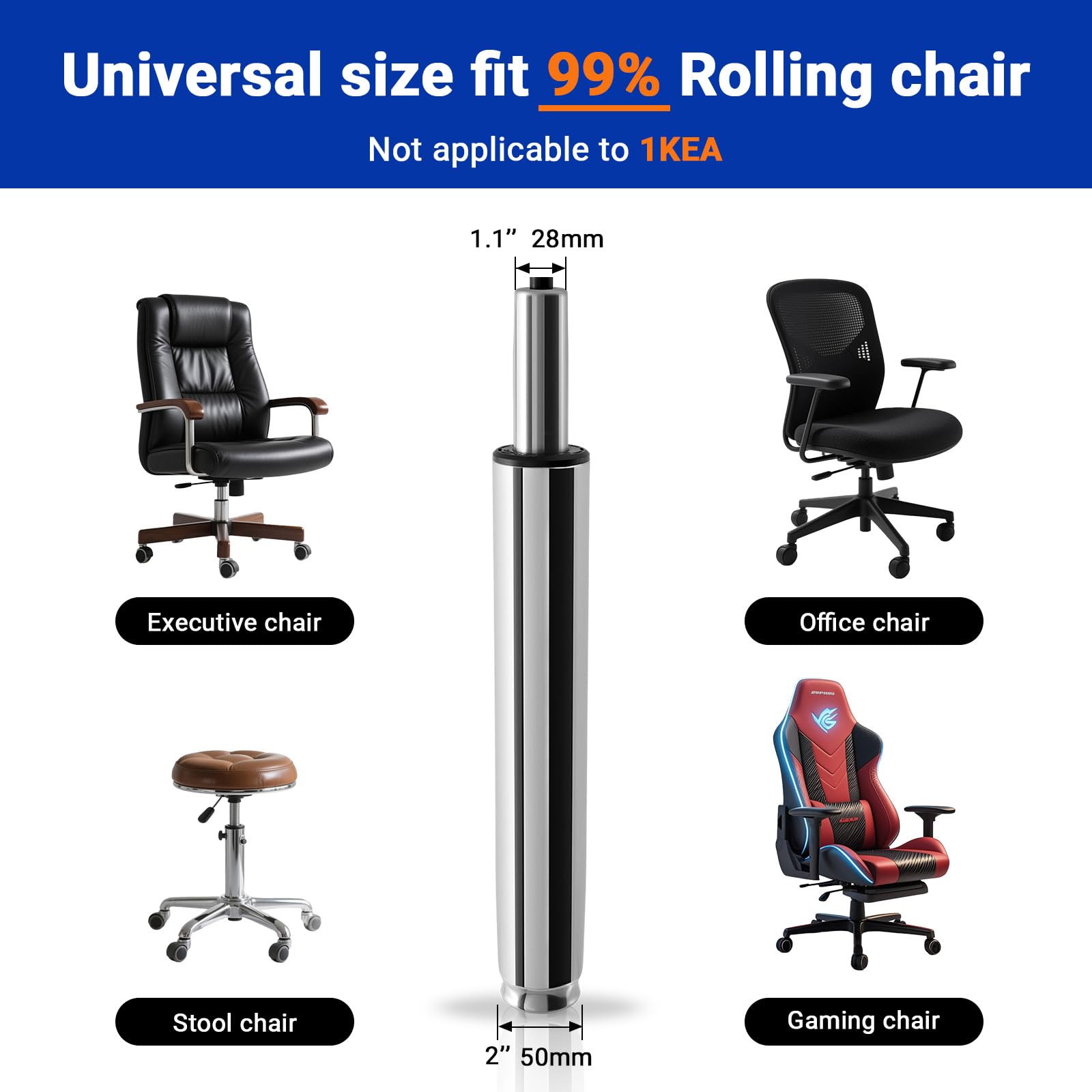 Cilindro de repuesto para silla de oficina, elevación hidráulica clase 4 de 1000 libras, pistón neumático universal para sillas de escritorio o juegos (acero pulido, rango de 8 pulgadas de