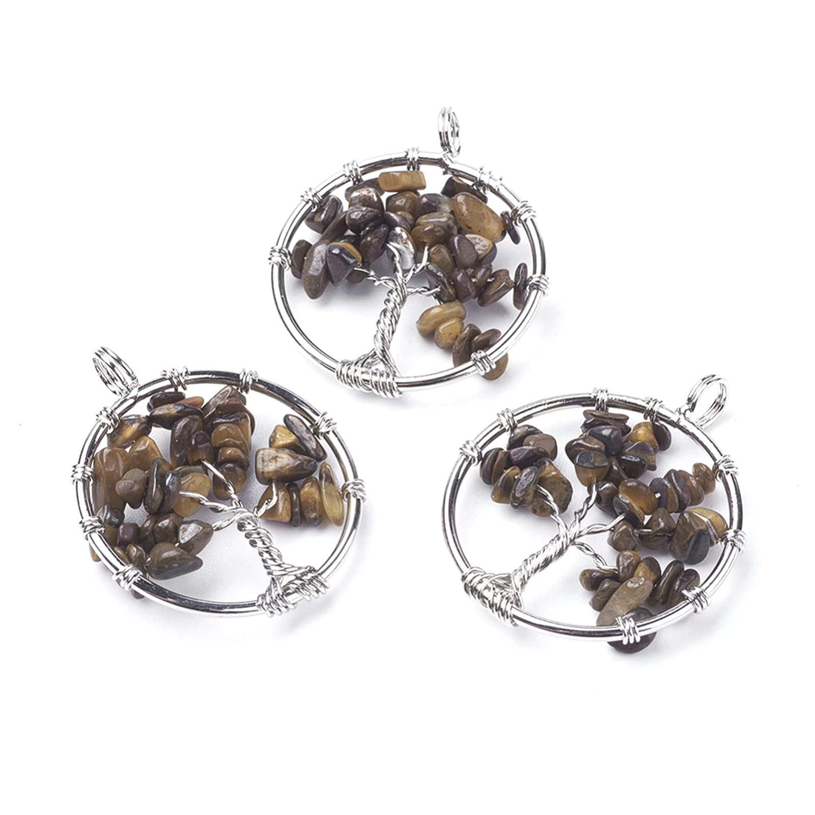 PandaHall 10pcs Gemstone Chakra Crystal Tree of Life Charms Pendant 29x5~7mm Natural Tiger Eye Gemstone Wire Wrapped Pendant with Brass Findings for Necklace Jewelry Making โ image 1