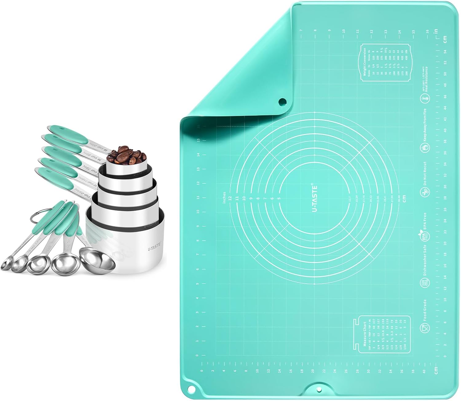 U-Taste 18/8 Stainless Steel Measuring Cups and Spoons (Set of 10, Aqua Sky), and 20inx28in Large Silicone Pastry Mat Food-Grade Non-Stick Dough Rolling Mat (Aqua Sky)