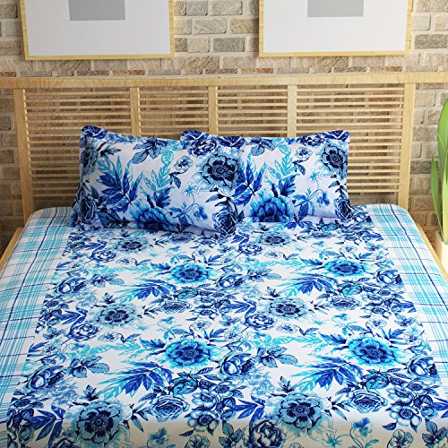 Image of Story@Home Magic Cotton Bedsheet for Double Bed with 2 Pillow Covers, Blue Floral