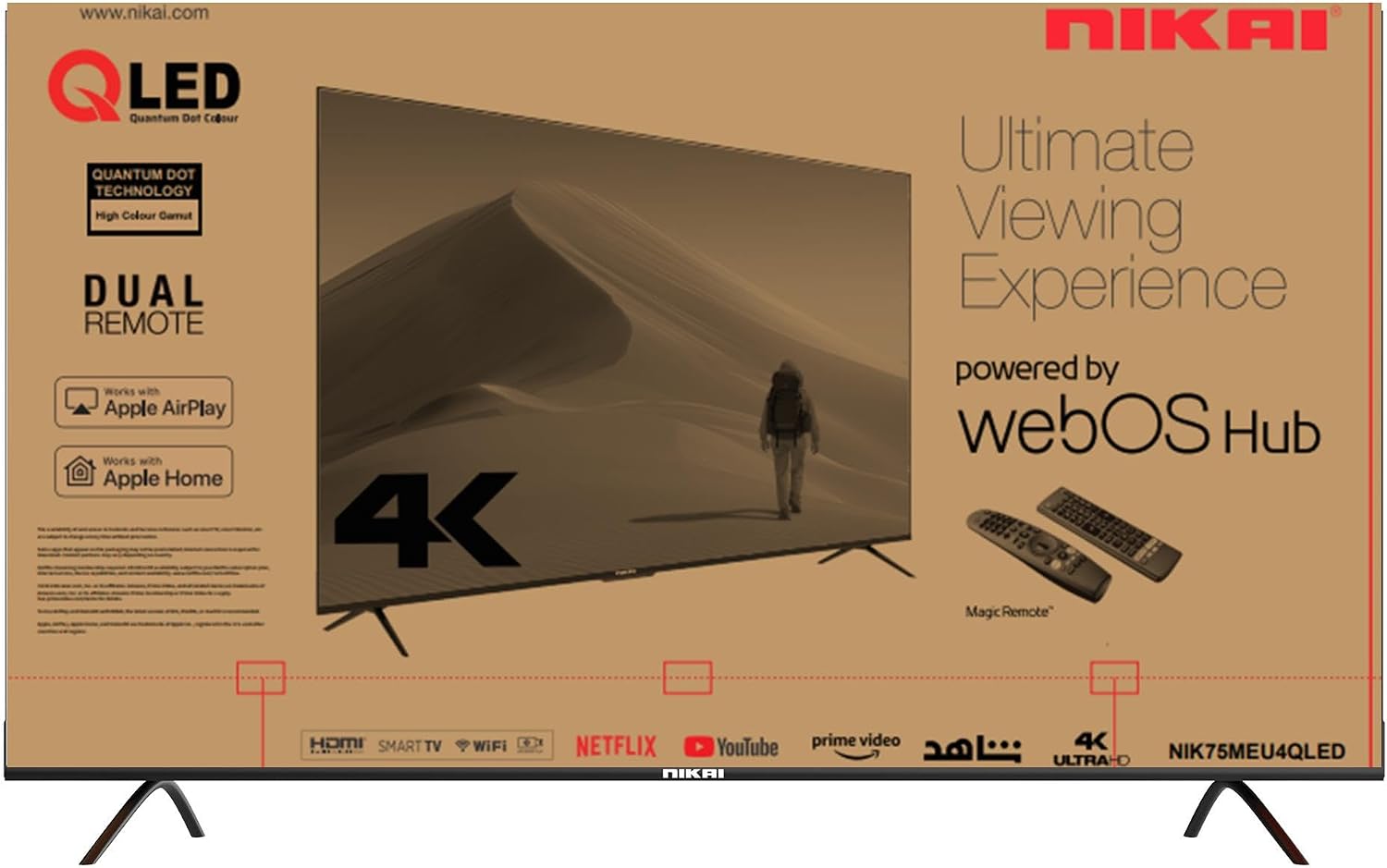 تلفزيون ذكي QLED 75 بوصة، دقة 4K، يعمل بنظام ويب او اس. تحكم صوتي بدون استخدام اليدين، دولبي ديجيتال، واي فاي مدمج وبلوتوث، نطاق لوني عالي، واتصال سهل مع أجهزة اندرويد وآبل، NIK75MEU4QLED، من نيكاي - 4K 2026