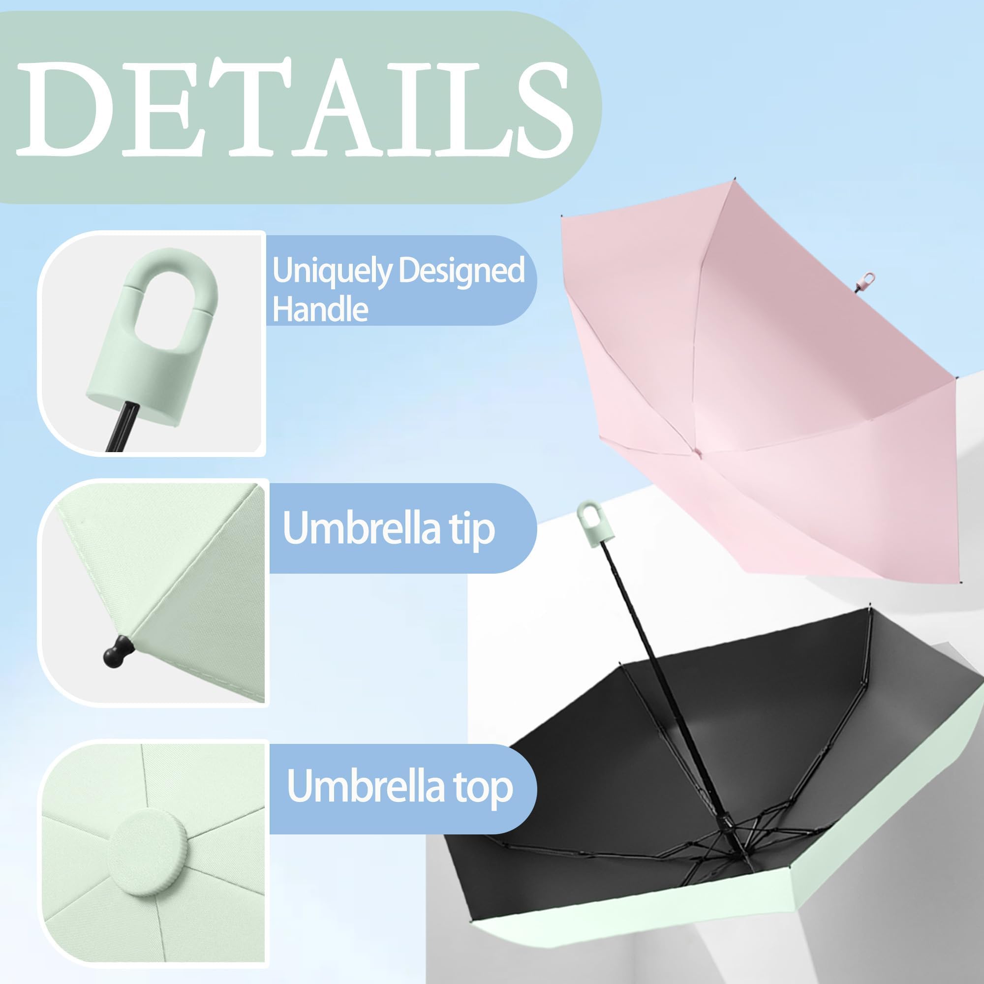 Paraguas Plegable Compacto para Viajar,Gire la Manija de Apertura y Cierre,Protección UV,UPF 50+,Recubrimiento de Teflón,6 Varillas,Mujeres y Niños,Mochila/Coche,Sombrilla Portátil,Lluvia y Sol