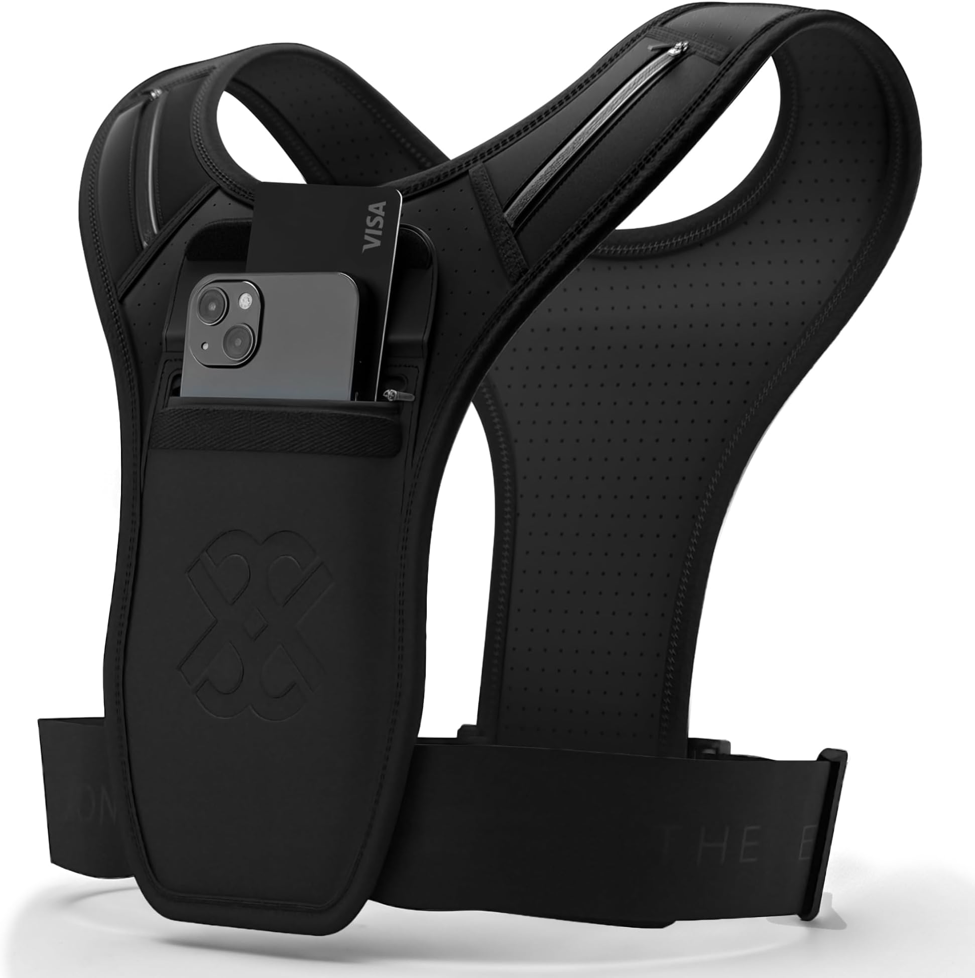 Premium Running Vest Phone Holder | Unisex | One Size | Men | Women | Highly Adjustable | Water Resistant Front Chest Pocket | Universal Mobile Phone Chest Pocket