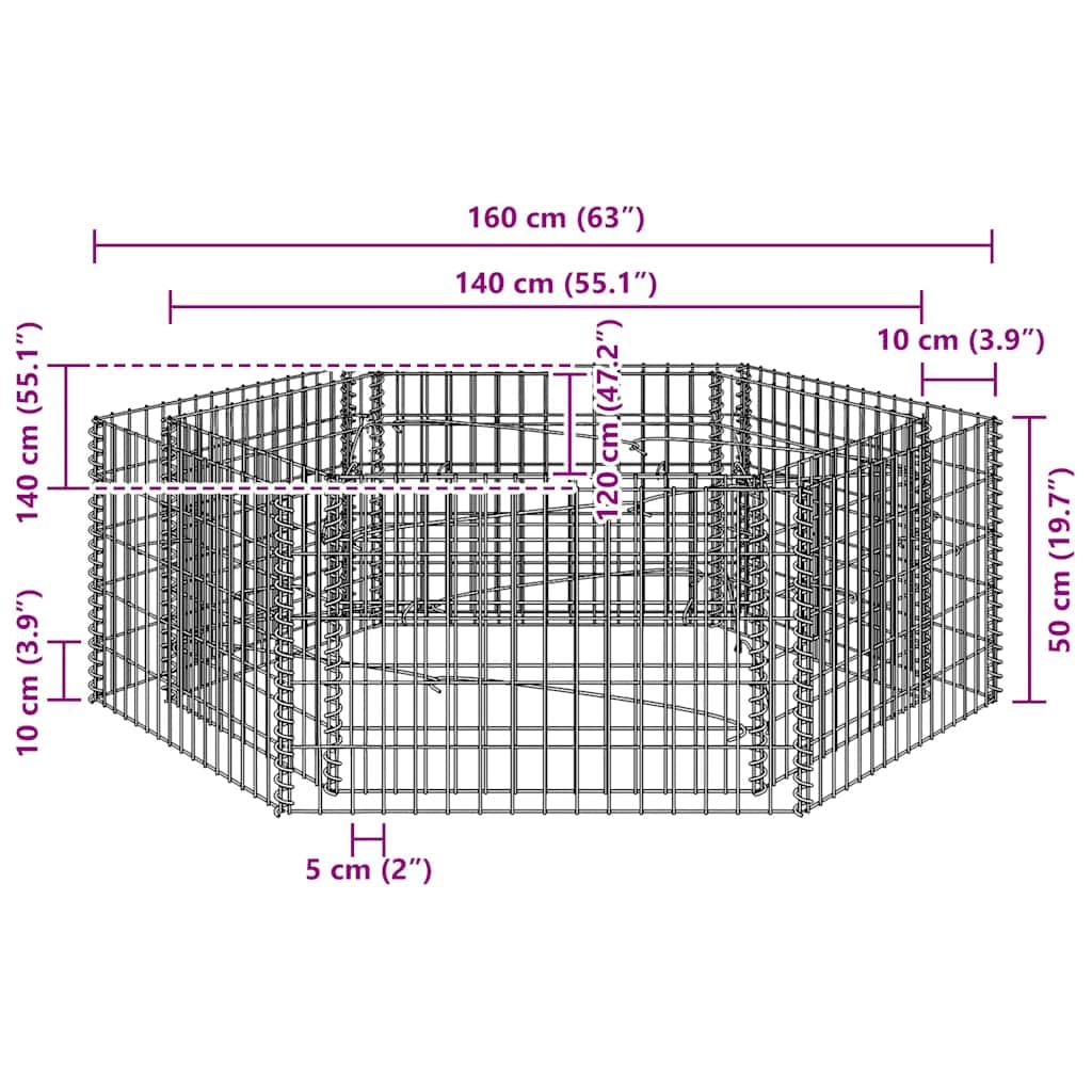 Sechseck-Gabionen-Hochbeet 160×140×50 cm, verzinkter Stahl, Silber, großer Pflanzkübel für Garten, Hof, Terrasse