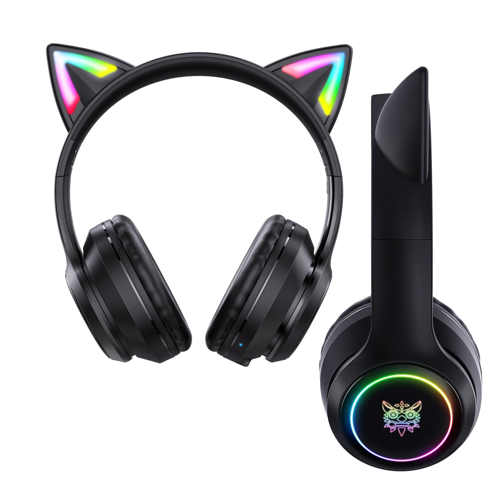 TaChaLa Black Girls Light Up Cat Bluetooth Headphones for Kids Little Girl Kid Kitty Headphones for Girls Toddler Headphone Cat Ears Kids Earphones Wireless for Tablet Toddlers