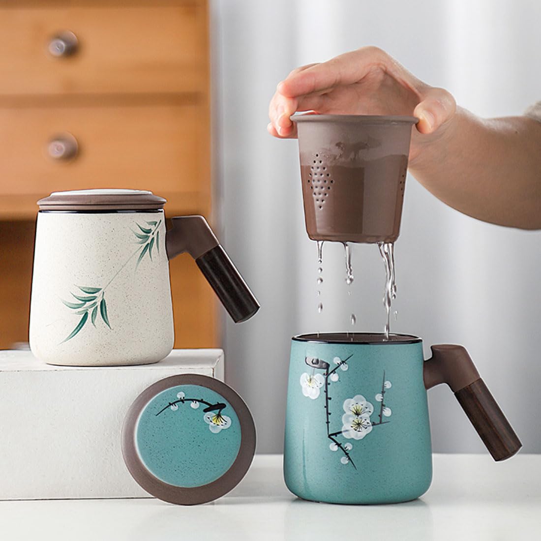 Tazza da tè in Ceramica con infusore e Coperchio, Tazza da tè Zisha con Manico in Legno, Tazza di infusione novità con Filtro per macerazione Foglia Sciolta per casa e Ufficio,Verde
