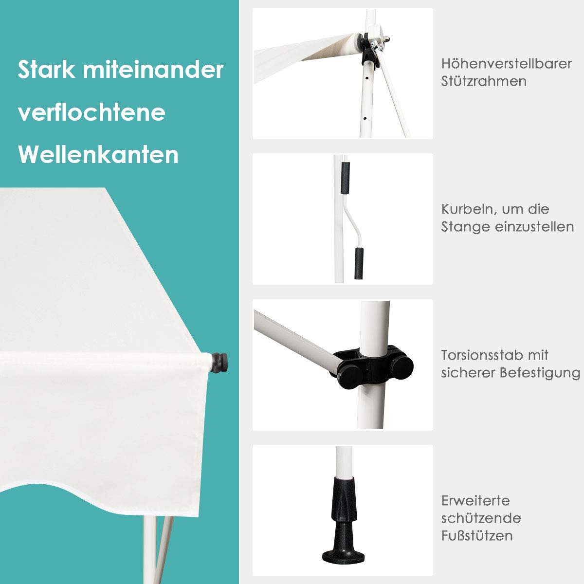 COSTWAY Klemluifel, 150 cm breed, balkonluifel zonder boren, uv-bestendig, in hoogte verstelbaar, waterafstotend, luifel met handslinger, zonneluifel, zonwering voor balkon, beige