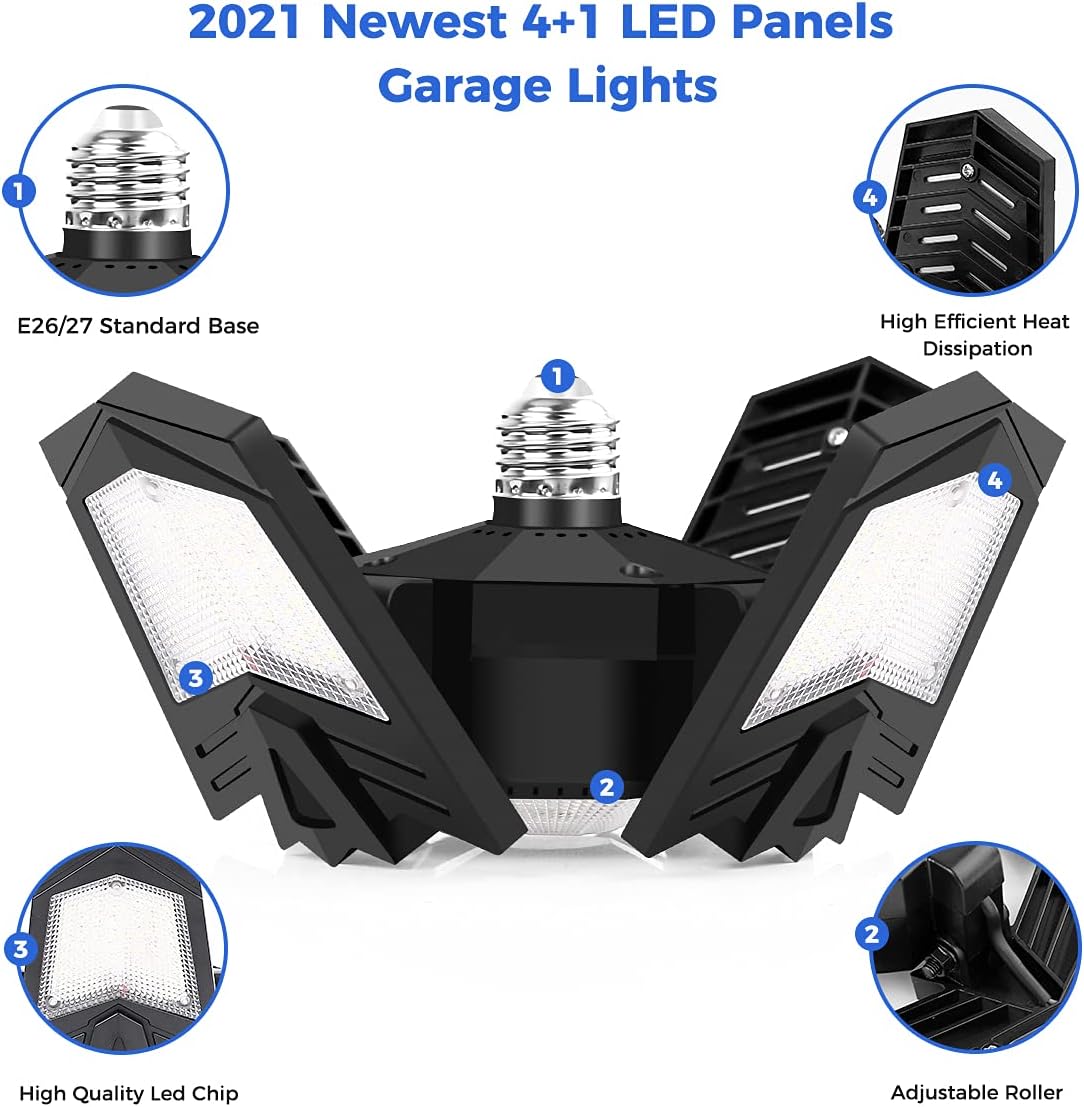 VSATEN 2 Pack LED Garage Lights 80W, Deformable Garage Lights Ceiling LED with 4+1 LED Panels, 8000LM E26/E27 Base LED Shop Light for Garage Workshop Warehouse Barn, Ultra Bright Workshop Light