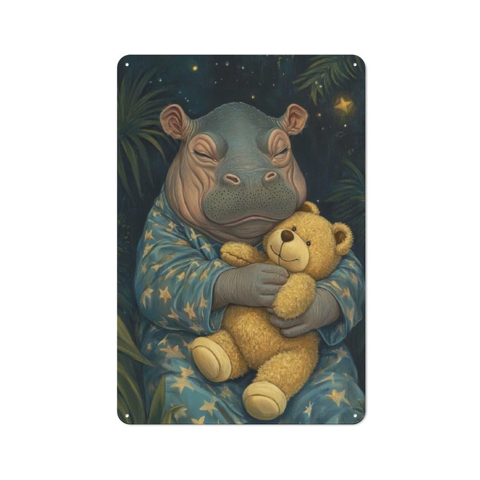 Junmoney Sleeping Hippo With Teddy Bear 30X20cm Retro-Style Tin Sign With For Café Or Restaurant, Winter Wall Decor For Hospitality Interior Collectors