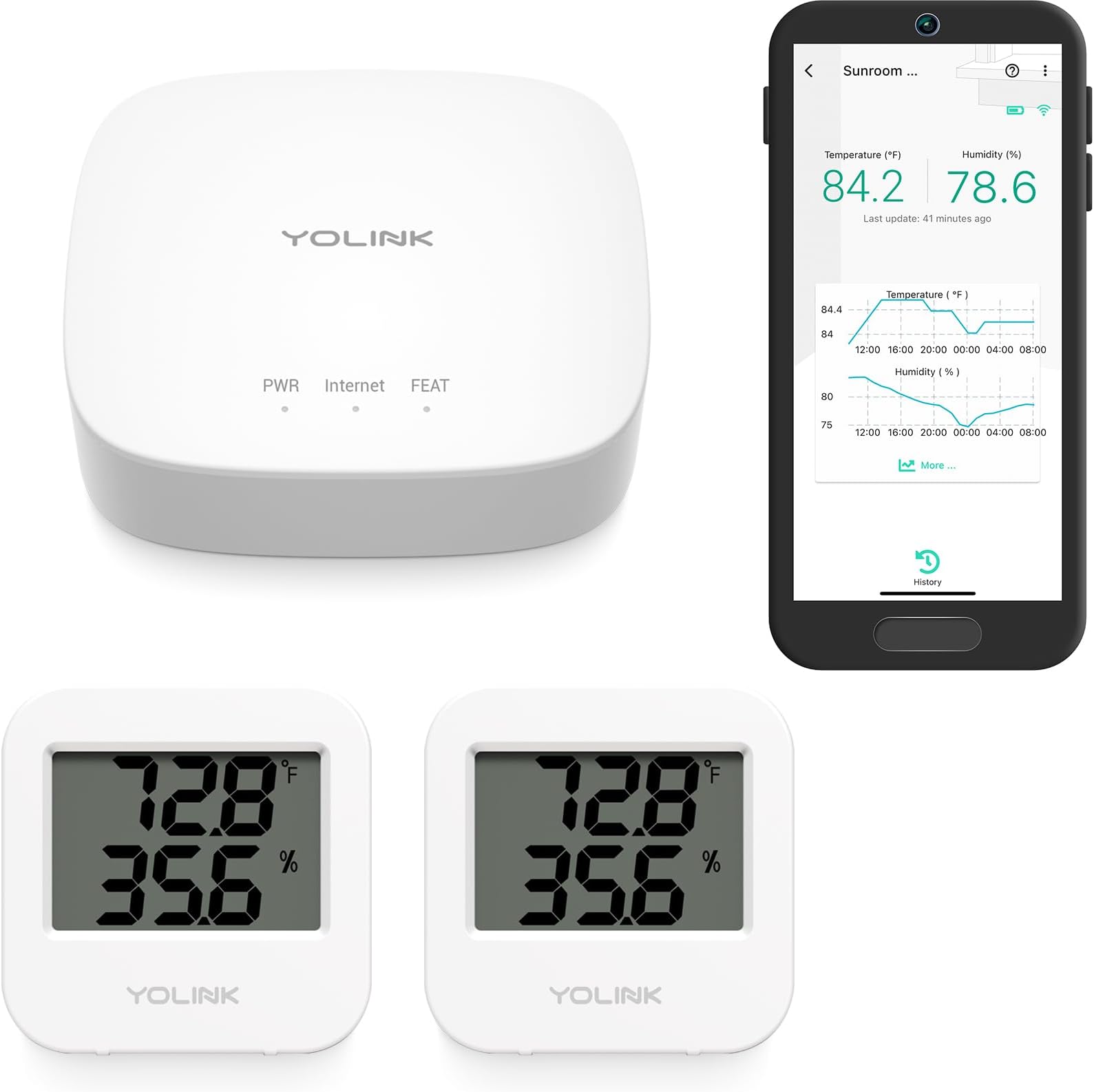 YoLink Smart Temp & Humidity Sensor, LoRa Long Range, 2 Year Battery, Indoor Monitoring for Wine Cellar, Bedroom, Nursery, Greenhouse, RV, with App, Email & SMS Alerts, Alexa IFTTT, 2 Pack + Hub