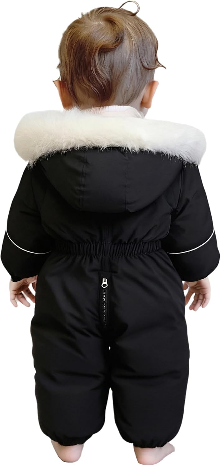 Hansber Baby Boys Girls Ski Jumpsuit Water Resistant Faux Fur Hooded One-Piece Snowsuit Skisuit Winter Clothes Black 12-18 Months