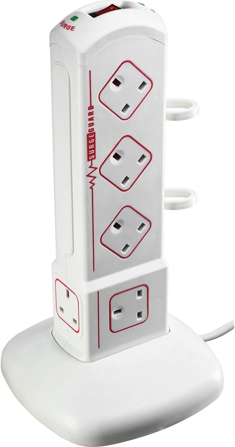 Advanced Masterplug 10 Socket Surge Protected Tower Extension Lead with 2 Metre Cable 13amp 240v [Pack of 1] -