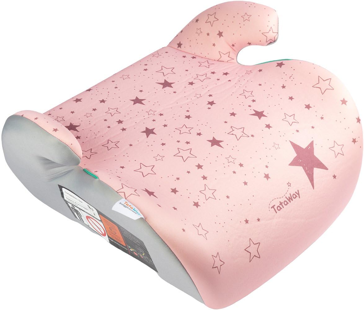 Tataway mit rosafarbener Sterngrafik für Kindersitze mit Rückenlehne i-Size ECE R129. Autolift für Kinder von 6-12 Jahren, 125-150 cm, 22-36 kg
