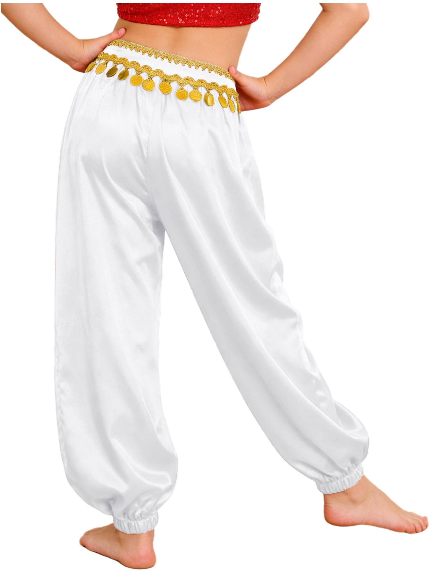 Agoky Pantalones Bombachos para Danza del Vientre Niña Pantalones De Satén Cintura Elástica De Pierna Ancha