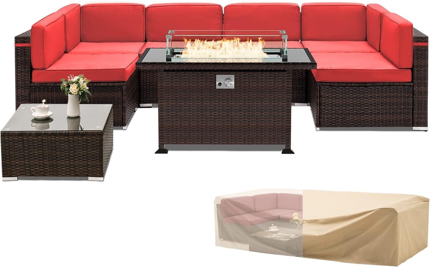 8 Pcs Patio Furniture Set Outdoor Furniture All-Weather PE Wicker Patio Outdoor Sectional Couch Conversation Set with Cushions, Red Rattan Sofas & Ottomans