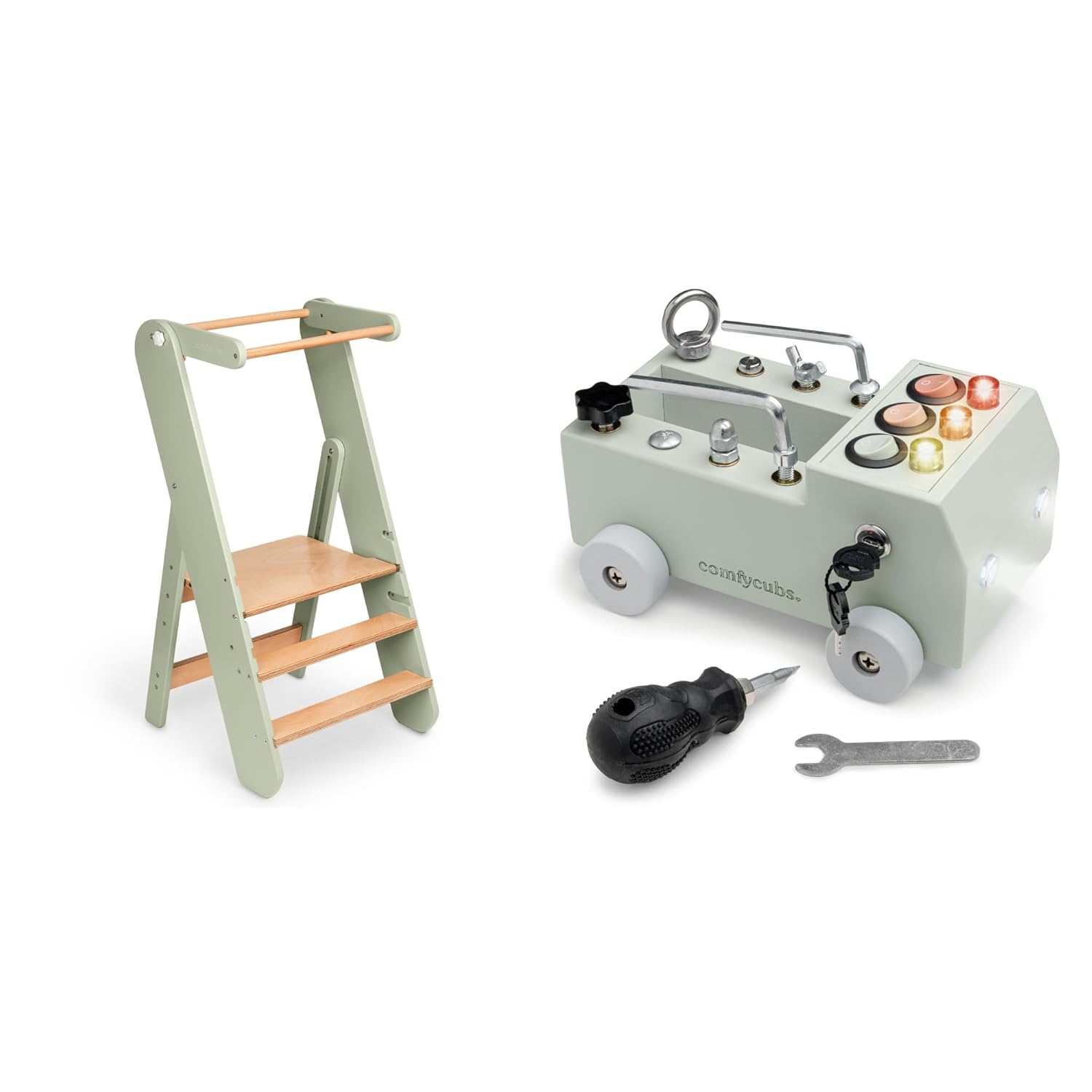 Kids Step Stool and Busy Board Toy Truck Set Bundled by Comfy Cubs