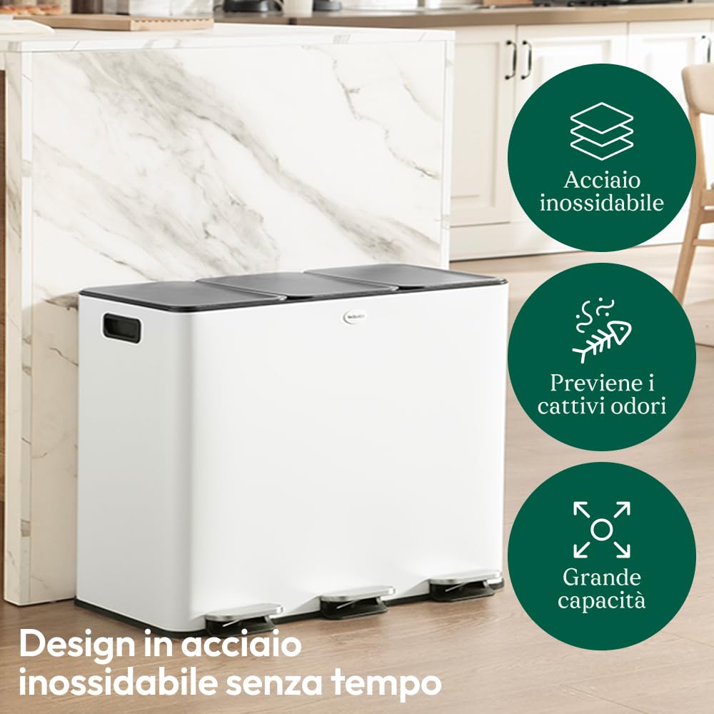 CASABEL Pattumiera da cucina tripla 3x20L, acciaio inox, bianco | Triplo scomparto, Raccolta differenziata, 3 pedali, Coperchi ermetici, Antimpronta, Secchi removibili, Facile manutenzione