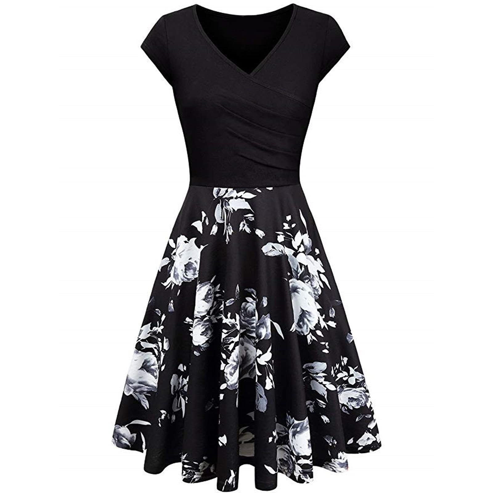 XSSFCC Women's Summer Dress Casual Fashion Print V-Neck Short Sleeve Knee-Length Party Dress