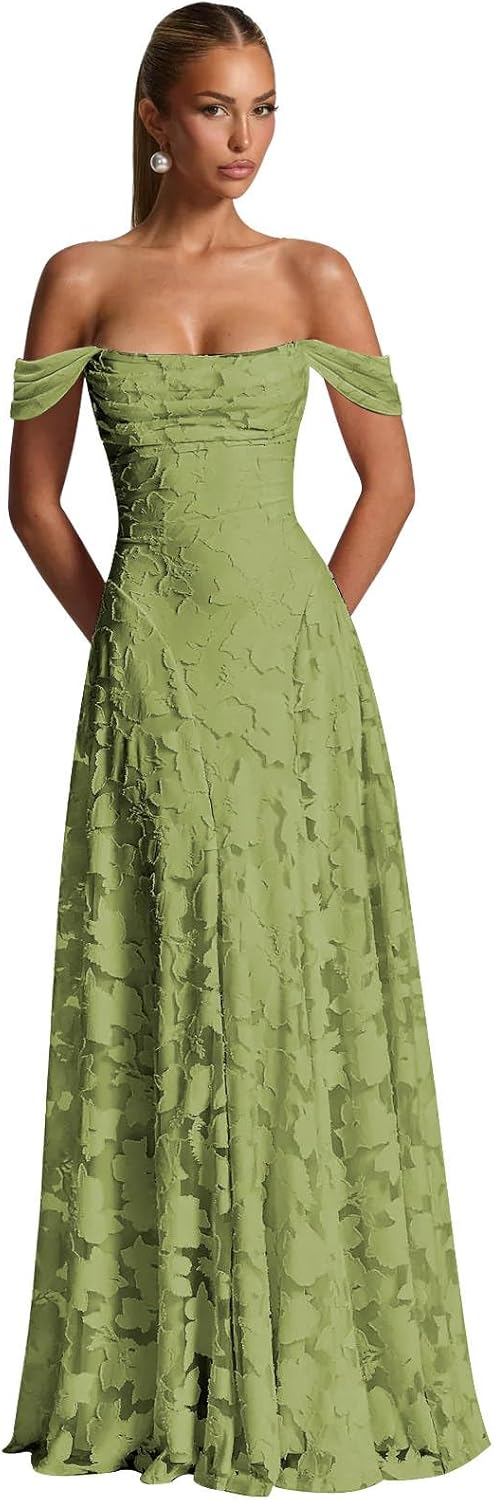 BOLENSYE Off The Shoulder Bridesmaid Dresses Long for Women Formal Evening Gown Lace Wedding Guest Dress