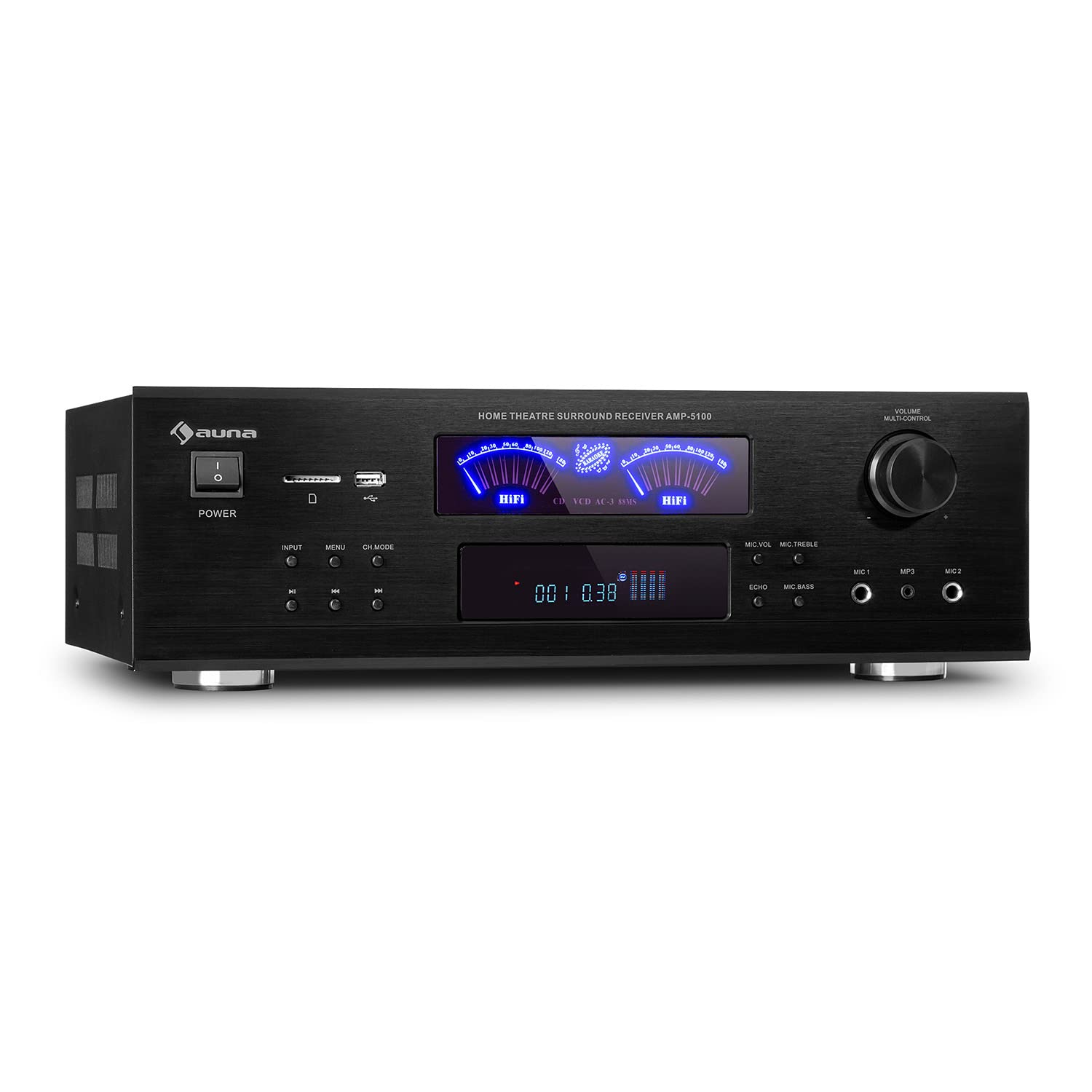 AUNA AMP 5100 BT 5.1 - amplificateur, 2 x 120 Watts + 3 x 50 W RMS, Fonction Bluetooth, Port USB, Lecteur SD, 2 Prises Micro, entrée AUX, 2 VU-mètres - Noir