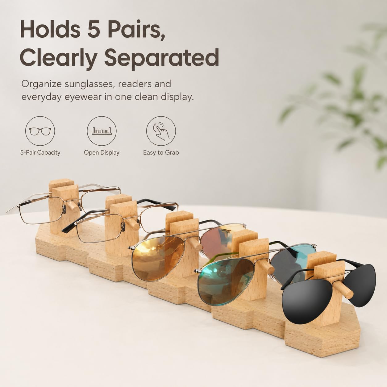 VOREN Soporte organizador de gafas de sol de madera de haya, estante de almacenamiento de gafas de alta calidad para 5 pares, soporte estable y sin montaje para gafas de sol y exhibición de gafas de