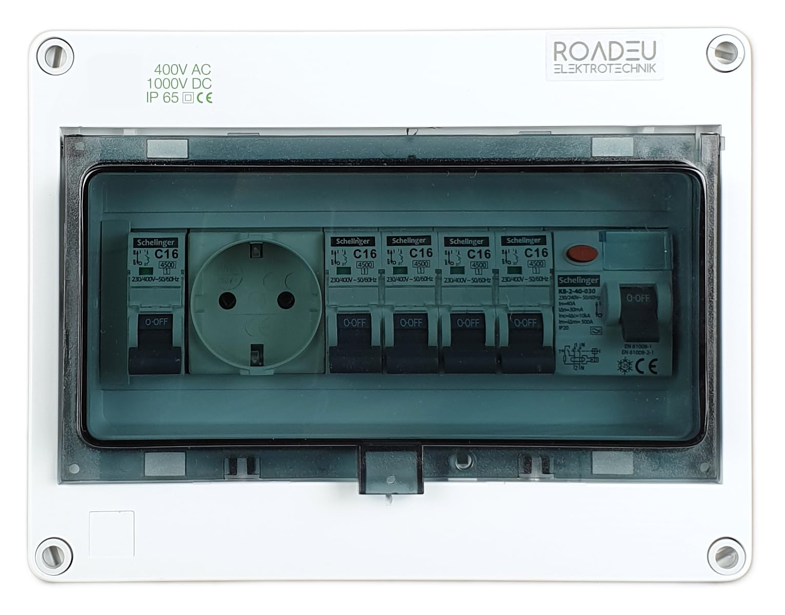 RoadEu Quadro elettrico IP65 con differenziale 5x C16A e Schuko | Differenziale TÜV, magnetotermici VDE, morsetti N+PE, pressacavo PG16, custodia IK08