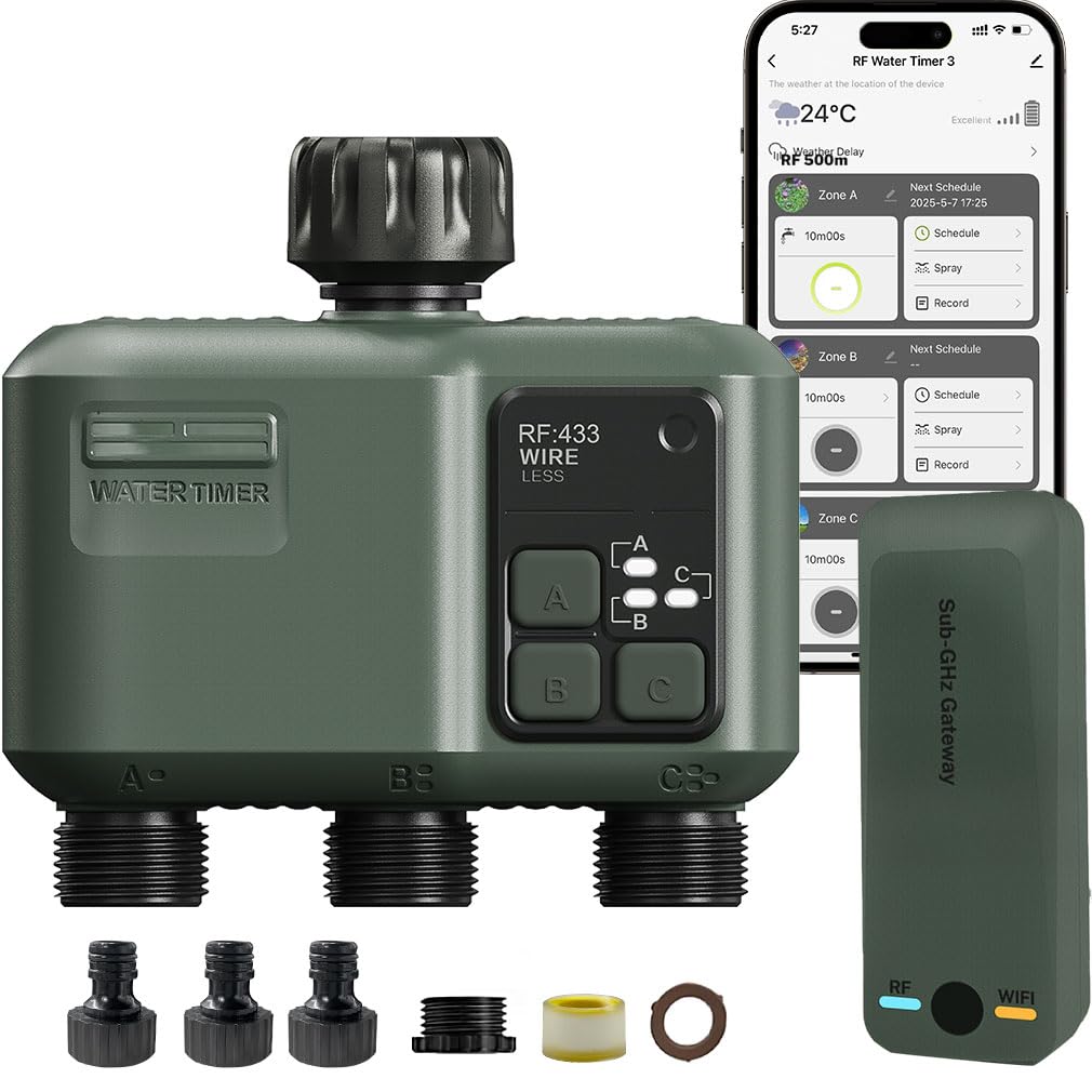 Johgee Programmateur Arrosage WiFi 3 Voies, avec Technologie RF 433 500M, Minuteur Arrosage Automatique avec Temporisation de la Pluie, 2 Modes D'arrosage, Télécommande Smart APP pour Jardin, Pelouse