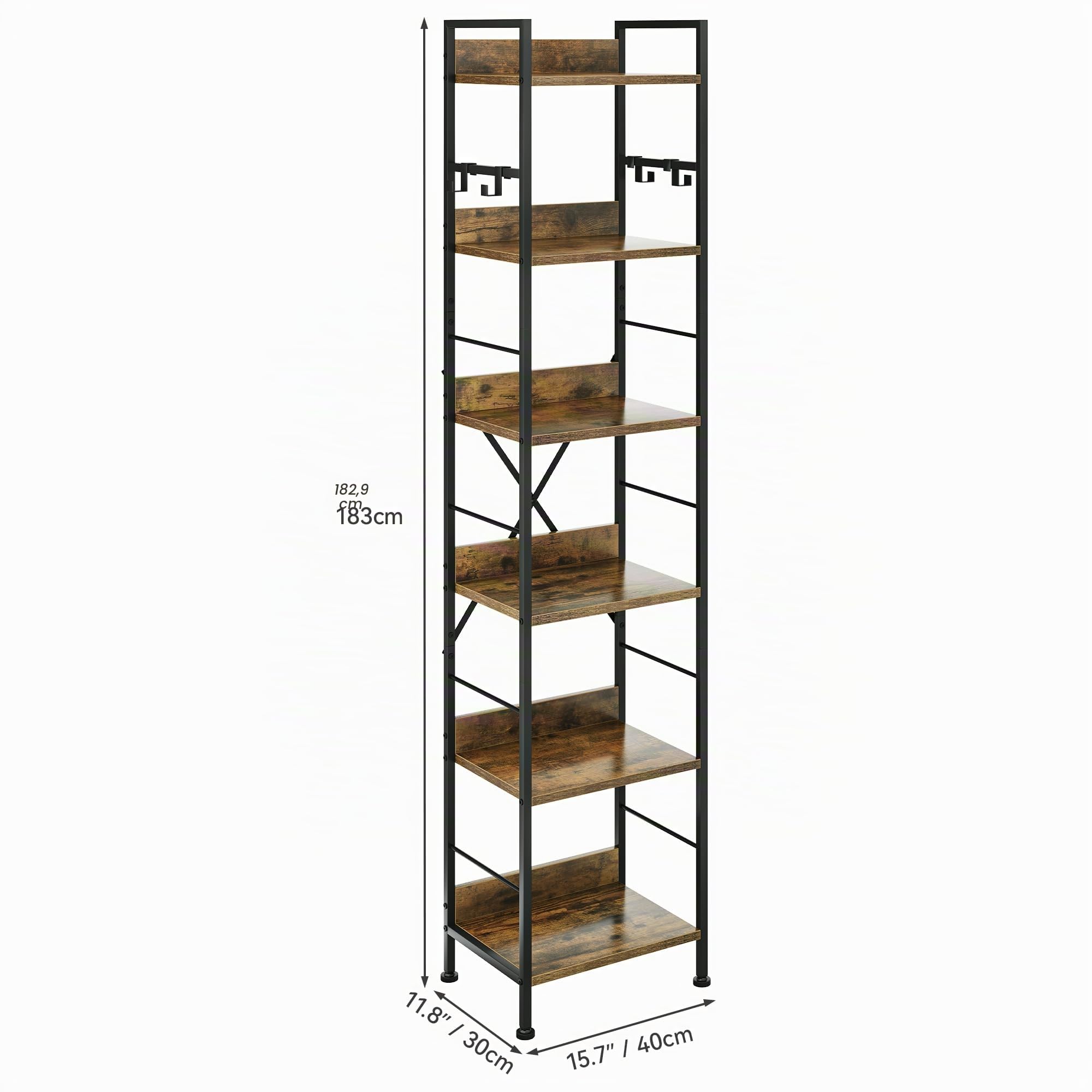 YITAHOME Libreria a 6 Ripiani, Scaffale da Pavimento con 4 Ganci, Ripiano in Legno e Struttura in Metallo Scaffale per Libri Industriale Scaffale Alto per Soggiorno, Ufficio in Casa, Marrone Rustico