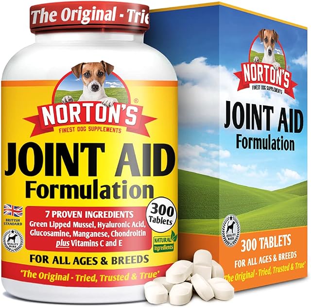 NORTON'S Dog Joint Care Supplements | 300 Tablets | With Green Lipped Mussel, Glucosamine & Chondroitin, Hyaluronic Acid, Manganese and Vitamins for dog joint care. Aids stiff joints.
