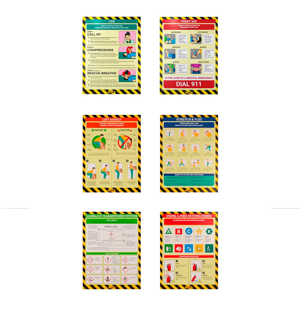 Super 6 Pack Workplace Safety Poster - Non-Lamintated, 12"x16", "Choking", "CPR", "First Aid", "Lift Safely", "Stretch &amp; Flex", and "Fire Extinguisher".