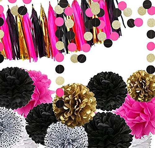 Fonder Mols 29 Bachelorette Party Decorations Black and Hot Pink - 12pcs Black Fuchsia Gold Tissue Paper Pom Poms 15 Tassel Garland Bunting and 2 Sparkle Polka Dots Garlands