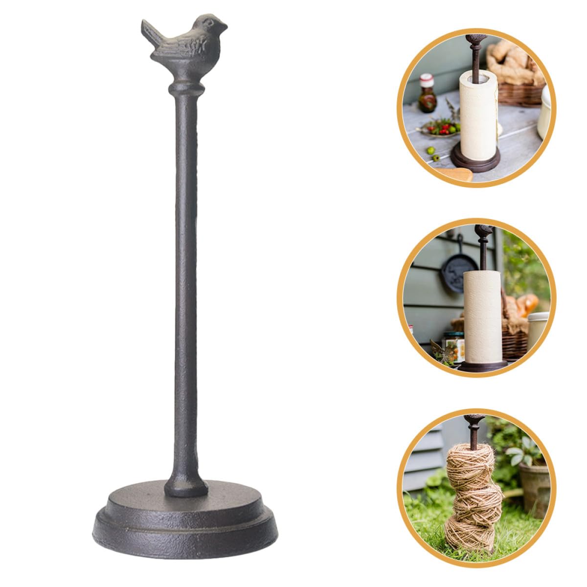 Portarrollos de Papel de Cocina de Pie de Hierro Fundido Negro Estatua de Pájaro, Diseño Rústico, Base Antideslizante y Fácil de Mover para Baño o Cocina
