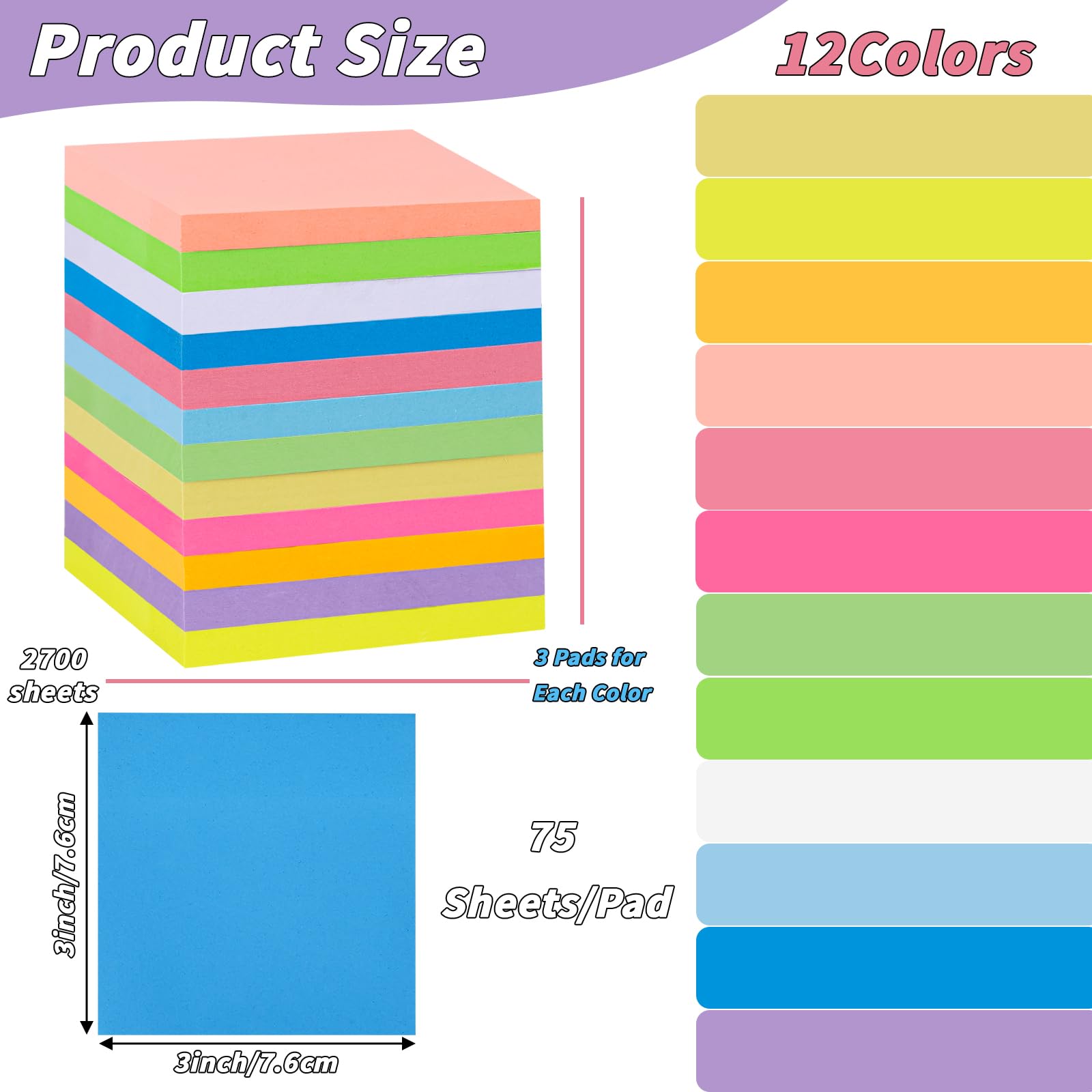 Oleitodh Confezione da 36 foglietti adesivi colorati, 75 foglietti/blocchetto per un totale di 2700 fogli, adesivi resistenti, super aderenti, colorati, per scuola, ufficio, riunioni