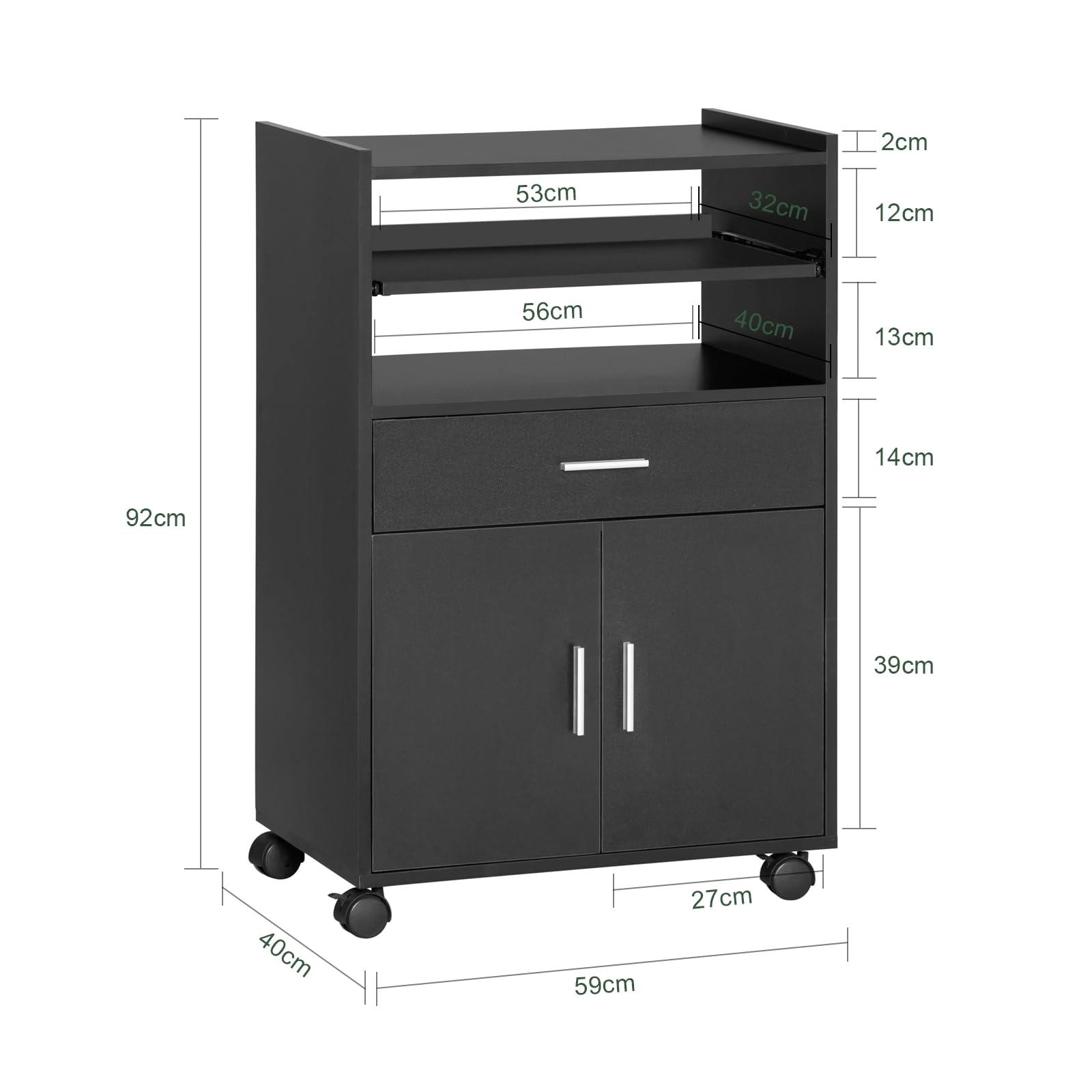 SoBuy FSB09-W Keukenkast Zwenkwielen Keukenwagen Rolkast Drankwagen Magnetronkast Met Schuifplank Wit Ca 59x92x40cm