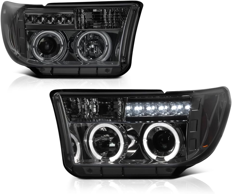 [For 2007-2013 Toyota Tundra & 2008-2017 Sequoia] LED Halo Ring Chrome Smoke Projector Headlight Headlamp Assembly, Driver & Passenger Side