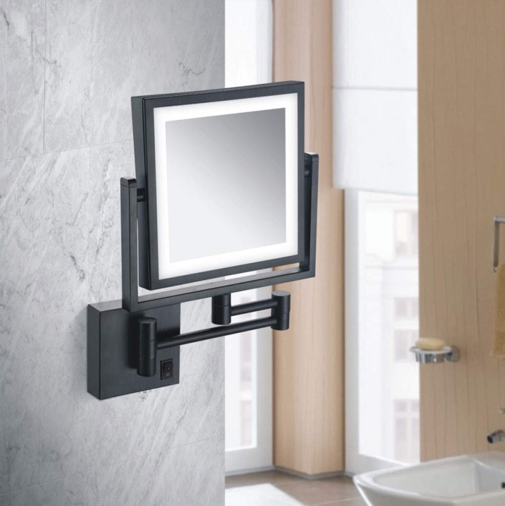 Specchio Espejo de baño cuadrado con iluminación LED: espejo de afeitar y maquillaje de pared con aumento 3X, recargable por USB, elegante decoración negra para tocador de hotel, diseño giratorio