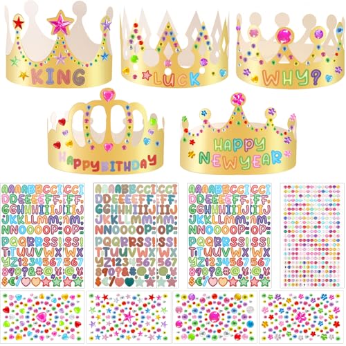 Draupnir 15 Pcs Paper Crowns Gold Party Hats 5 Pcs Sheets Self-Adhesive Rhinestone Stickers and 6 Pcs Number Letter Stickers DIY Crown Party Making Kit for Birthday Party Celebration