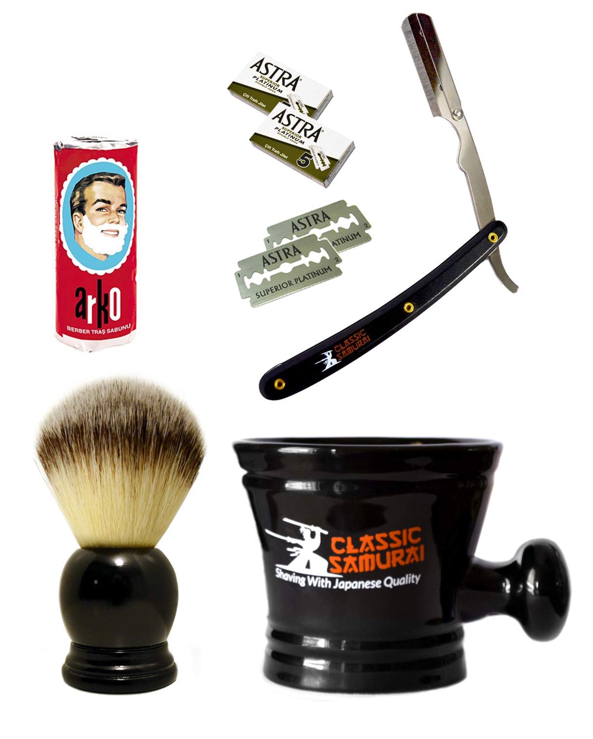 Men's Shaving Set with Stainless Steel Professional Barber Straight Black Razor Shavette with 10 Astra Blades, Synthetic Shaving Brush, Arko Stick Soap and Porcelain Mug