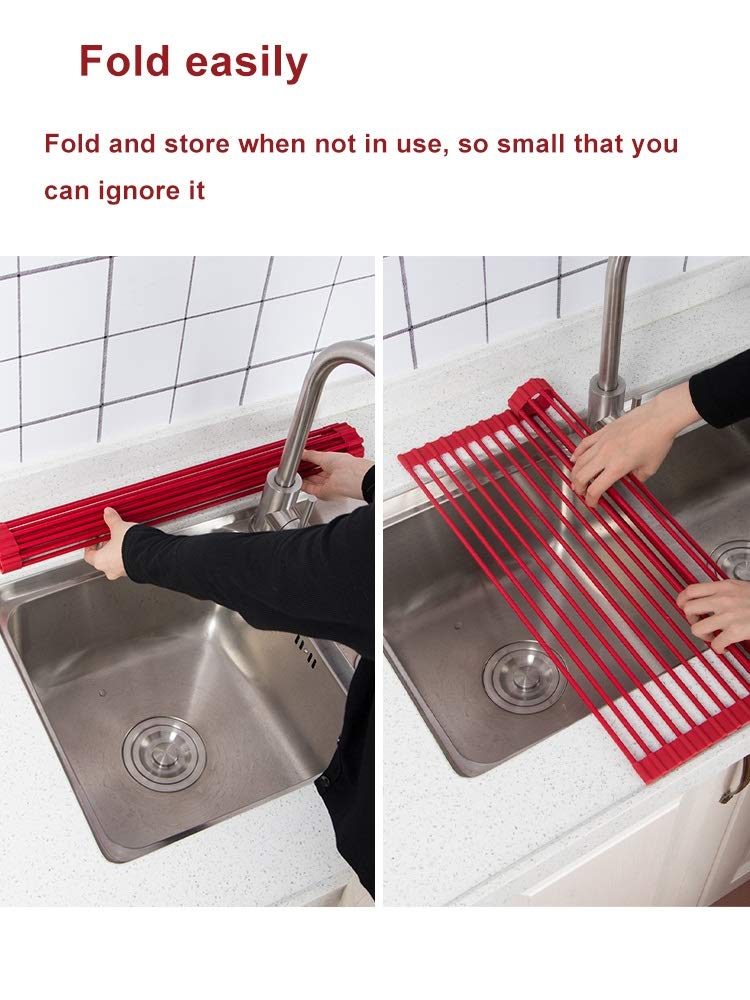 Égouttoir à vaisselle enroulable – Égouttoir pliable en acier inoxydable, tapis résistant à la chaleur, tapis d'évier multi-usage pour sécher et égoutter la vaisselle